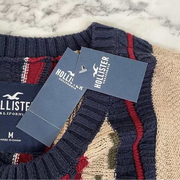 Hollister Cosby 3-D Knit Sweater Tan Navy Red Size Medium Men’s 90’s Inspired - Picture 8 of 9